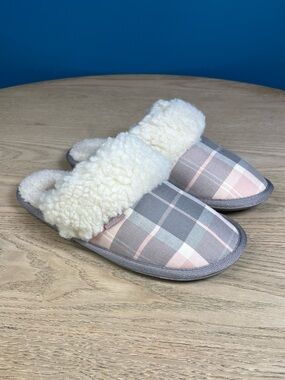 Barbour Lydia Plaid Mule Slippers Pink Gray Tartan Faux Fur Shearling Size 3